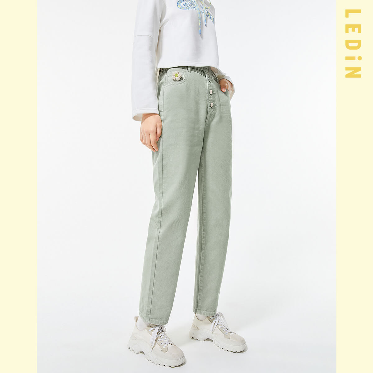 直筒牛仔褲女2021年春季新款褲子女裝童趣花花牛仔褲寬鬆 直筒牛仔褲女2021年春季新款褲子女裝童趣花花牛仔褲寬鬆